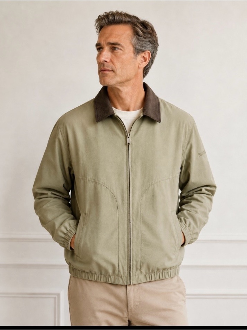 Pacific Trail Men’s XL Light Olive Green Bomber Jacket Brown Collar Vintage